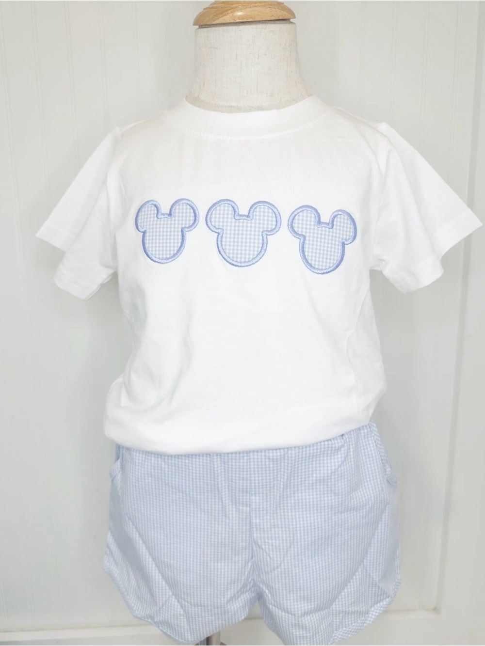 Disney White Short-Sleeve Kids Tee with Light Blue Gingham Appliqués